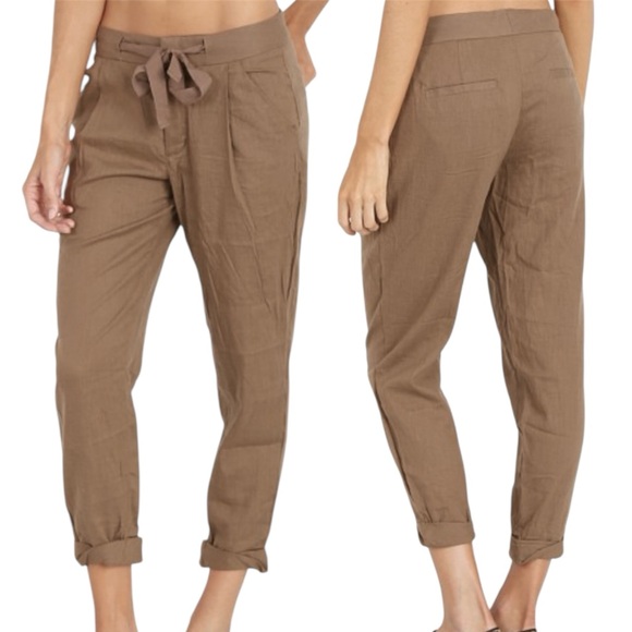 Free People Pants - FREE PEOPLE Brown Linen Drawstring Cropped Trousers Boho Office Travel Work Sz 2